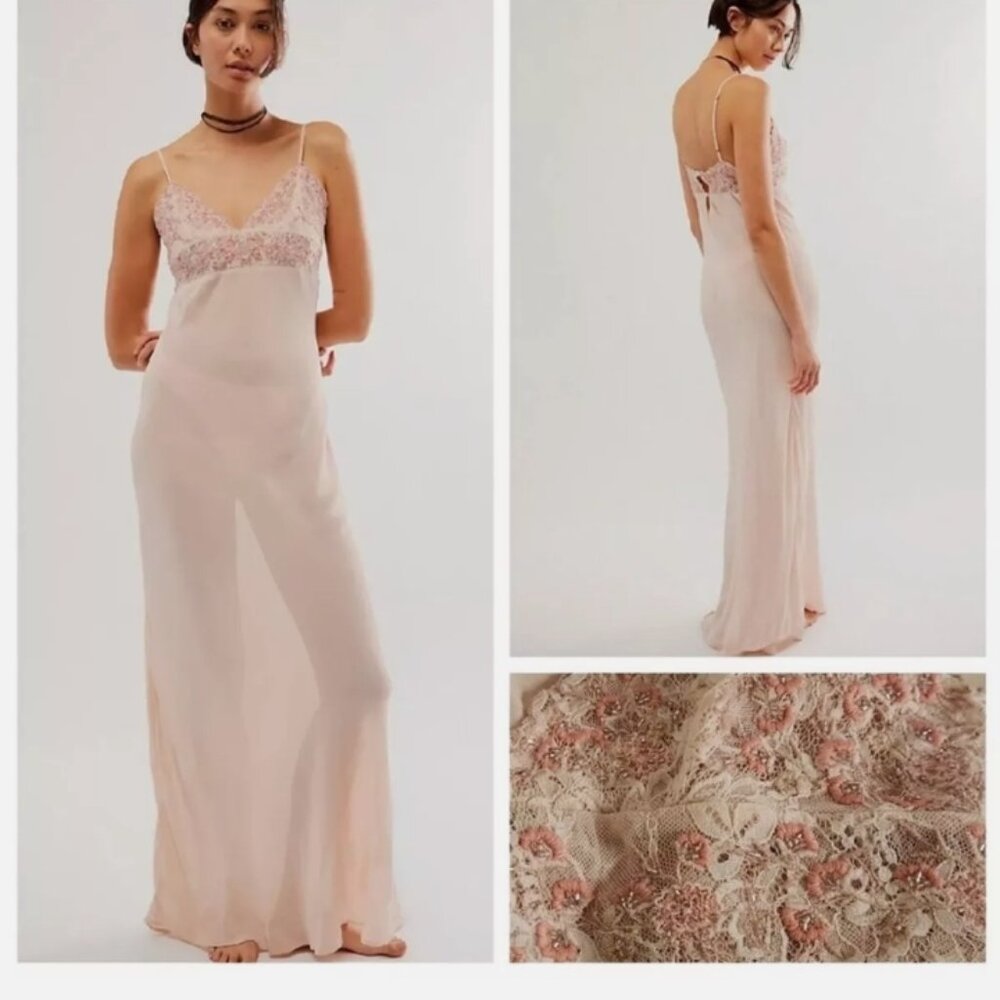 Free People Pastel Pink Midnight Magic Semi Sheer Slip Dress Beading Embroidery